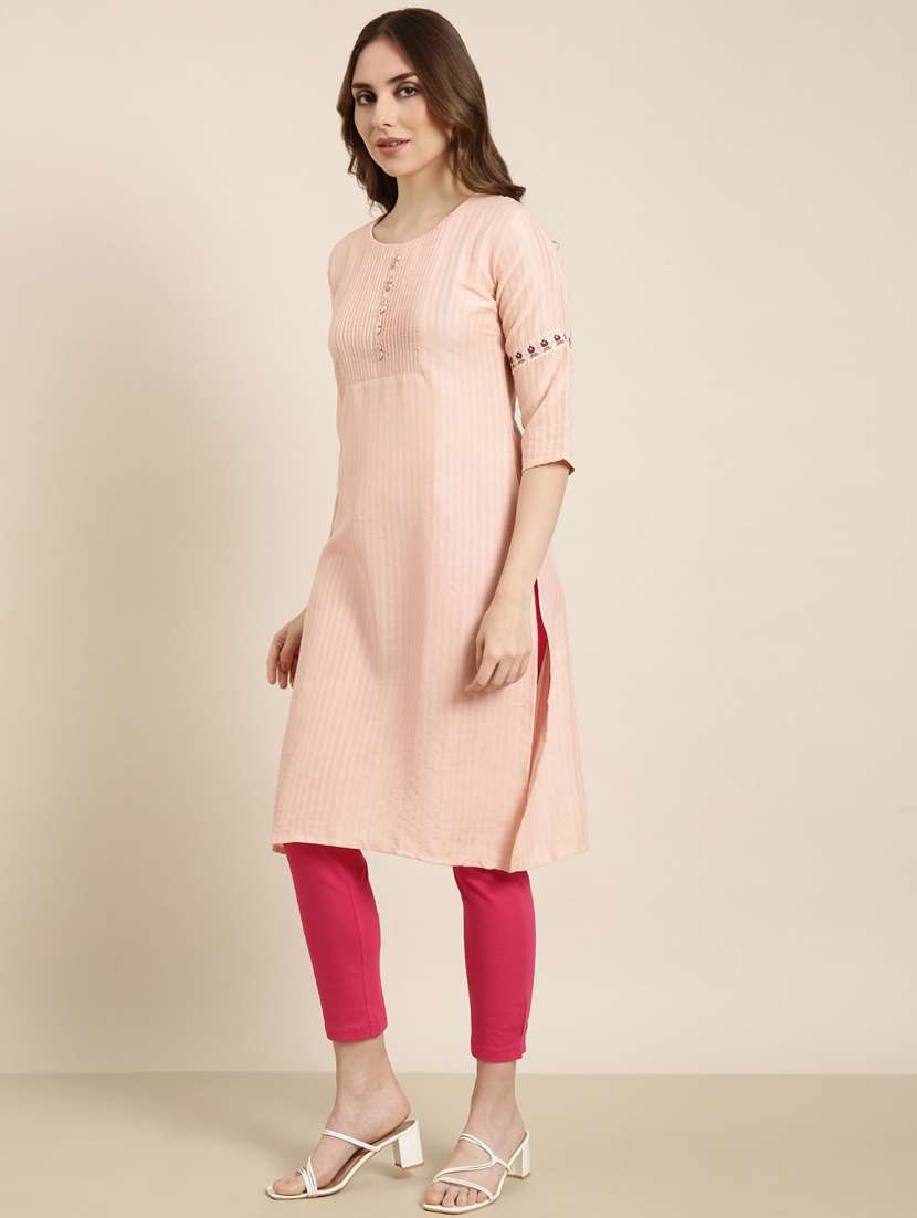women peach round neck straight kurta - 20960933 -  Standard Image - 1