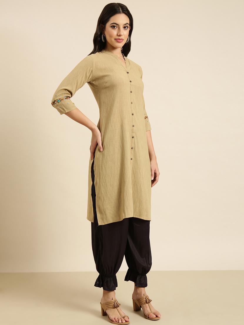 women beige mandarin neck straight kurta - 20960936 - Standard Image - 1
