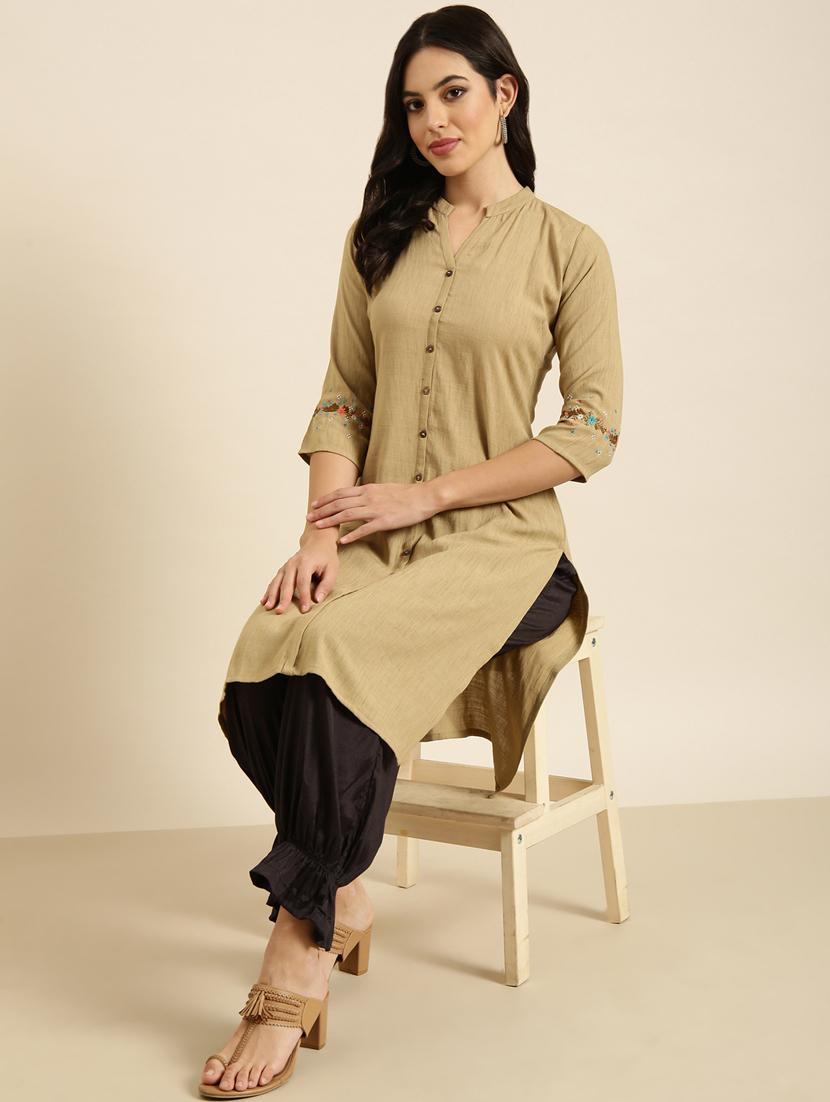 women beige mandarin neck straight kurta - 20960936 - Standard Image - 4