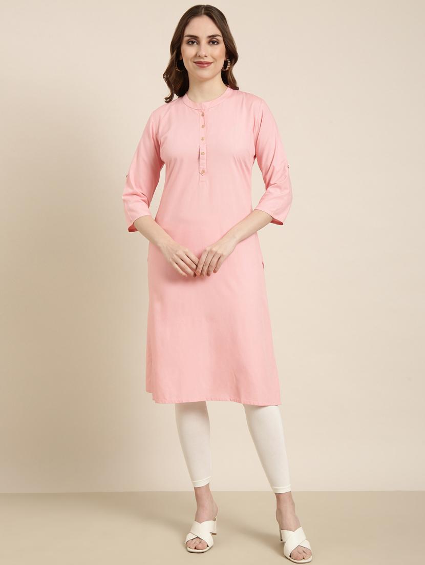 women pink mandarin neck straight kurta - 20960946 - Zoom Image - 0
