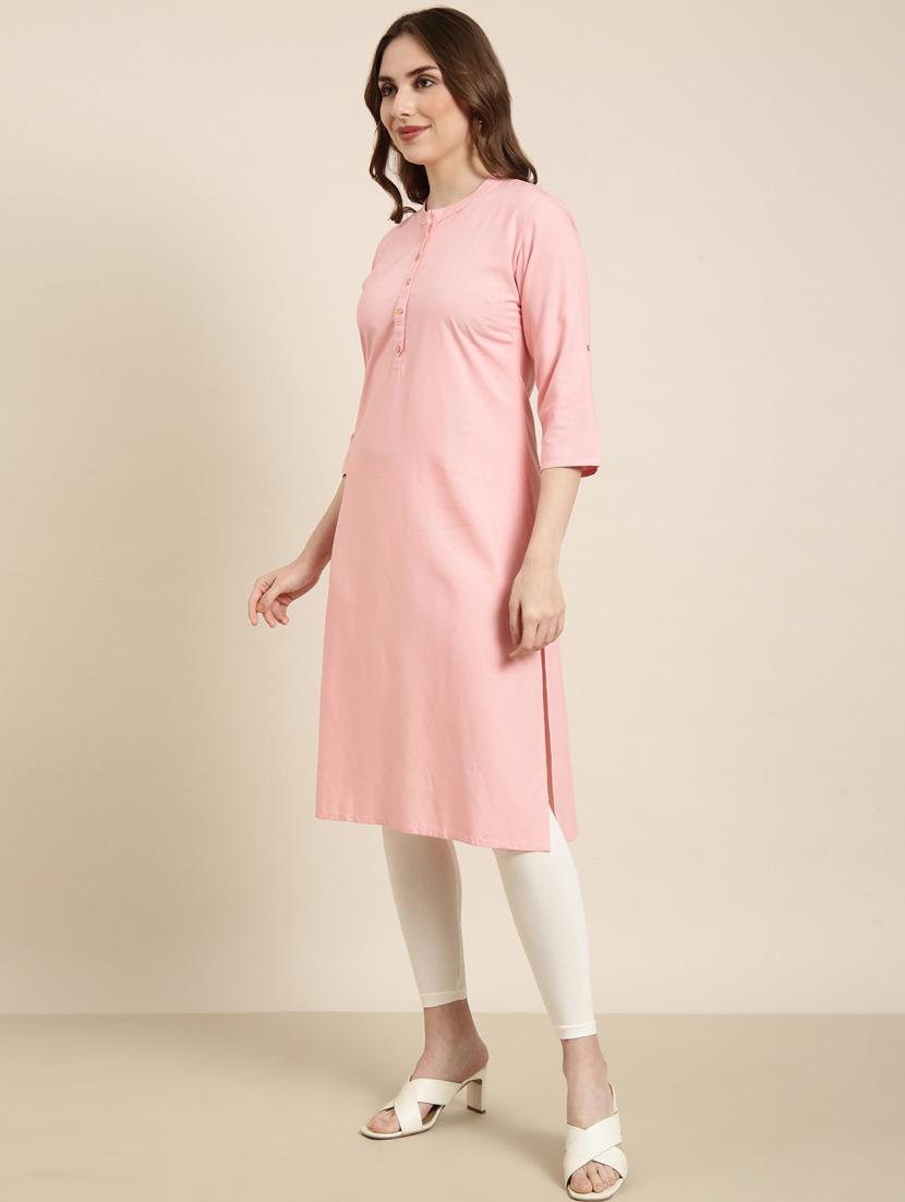 women pink mandarin neck straight kurta - 20960946 - Standard Image - 1