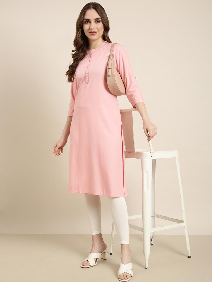 women pink mandarin neck straight kurta - 20960946 - Standard Image - 4