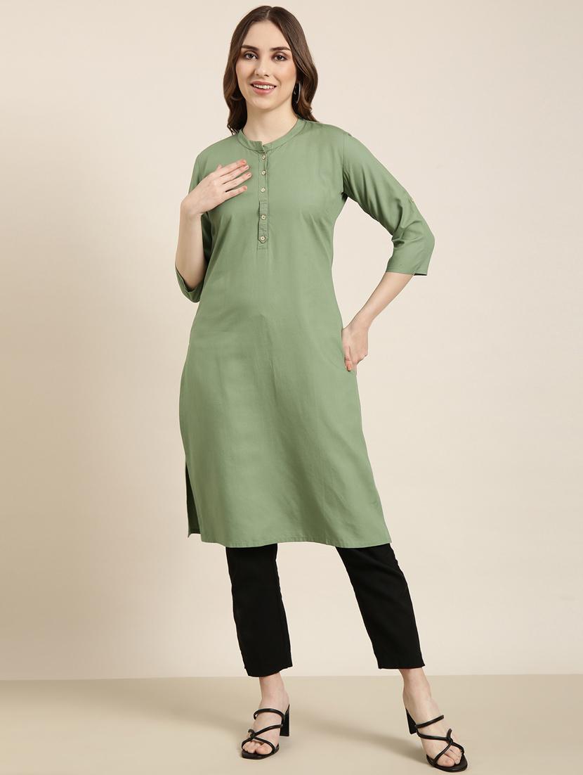 women green mandarin neck straight kurta - 20960949 -  Zoom Image - 0