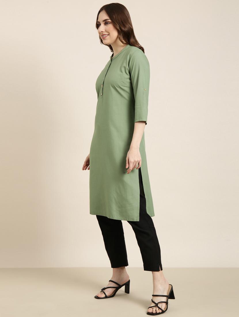 women green mandarin neck straight kurta - 20960949 - Standard Image - 1