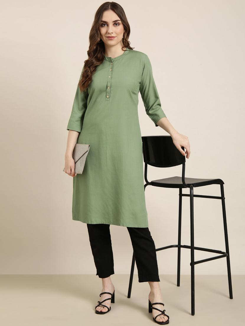 women green mandarin neck straight kurta - 20960949 - Standard Image - 4