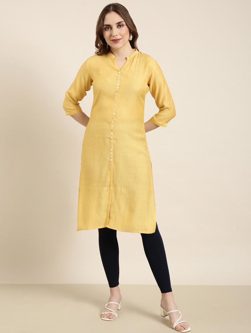 women yellow mandarin neck straight kurta - 20960954 - Zoom Image - 0