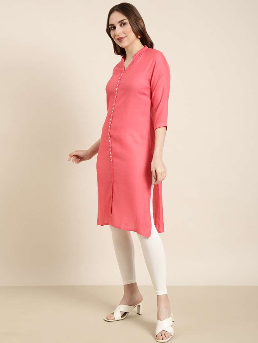 women pink mandarin neck straight kurta - 20960955 -  Standard Image - 1