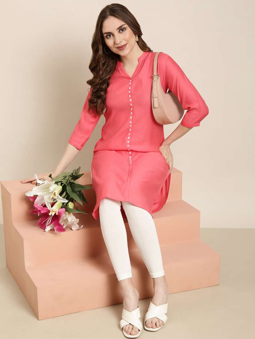 women pink mandarin neck straight kurta - 20960955 -  Standard Image - 4