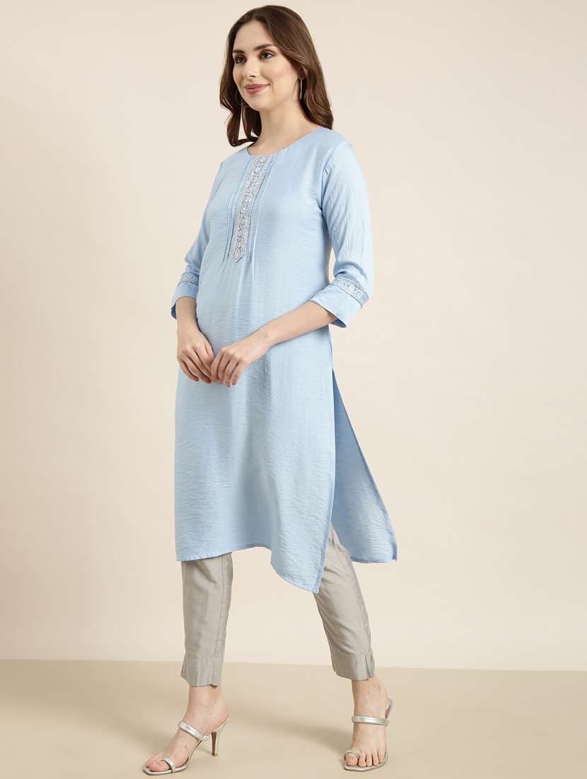 women purist blue round neck straight kurta - 20960959 -  Standard Image - 1