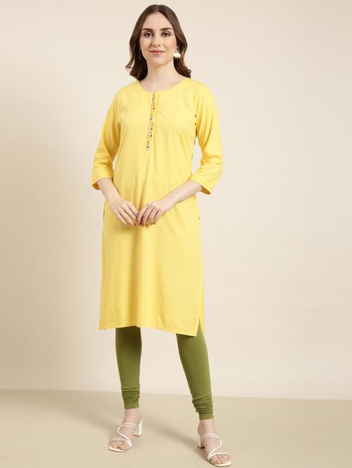 women yellow round neck straight kurta - 20960963 - Standard Image - 0