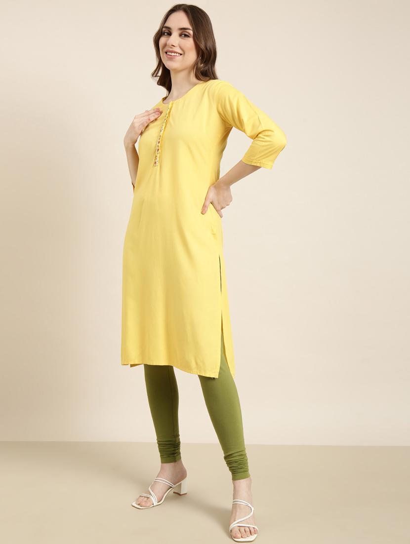 women yellow round neck straight kurta - 20960963 - Standard Image - 1