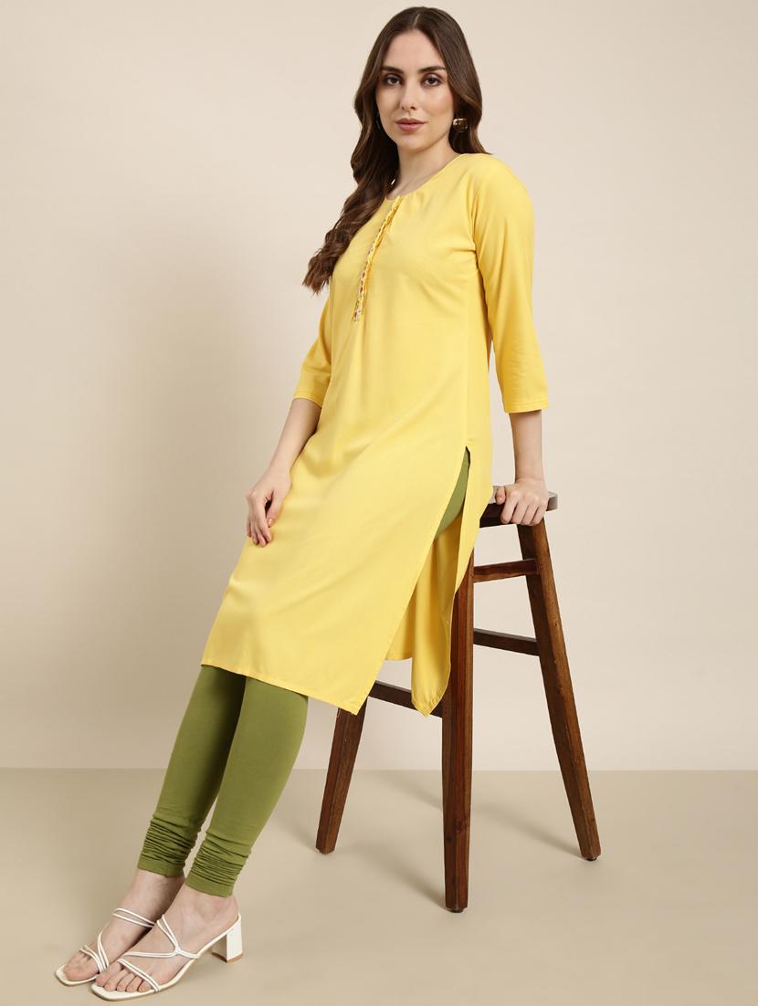 women yellow round neck straight kurta - 20960963 - Standard Image - 4