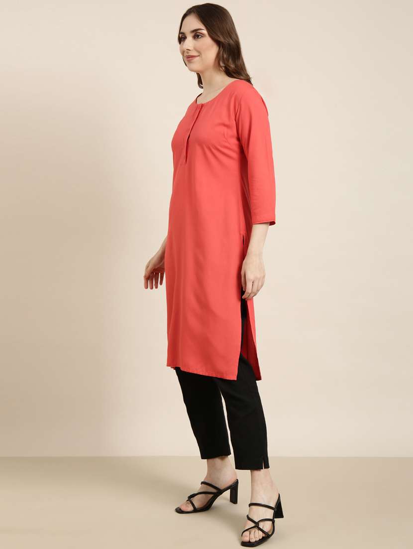women coral round neck straight kurta - 20960966 -  Standard Image - 1