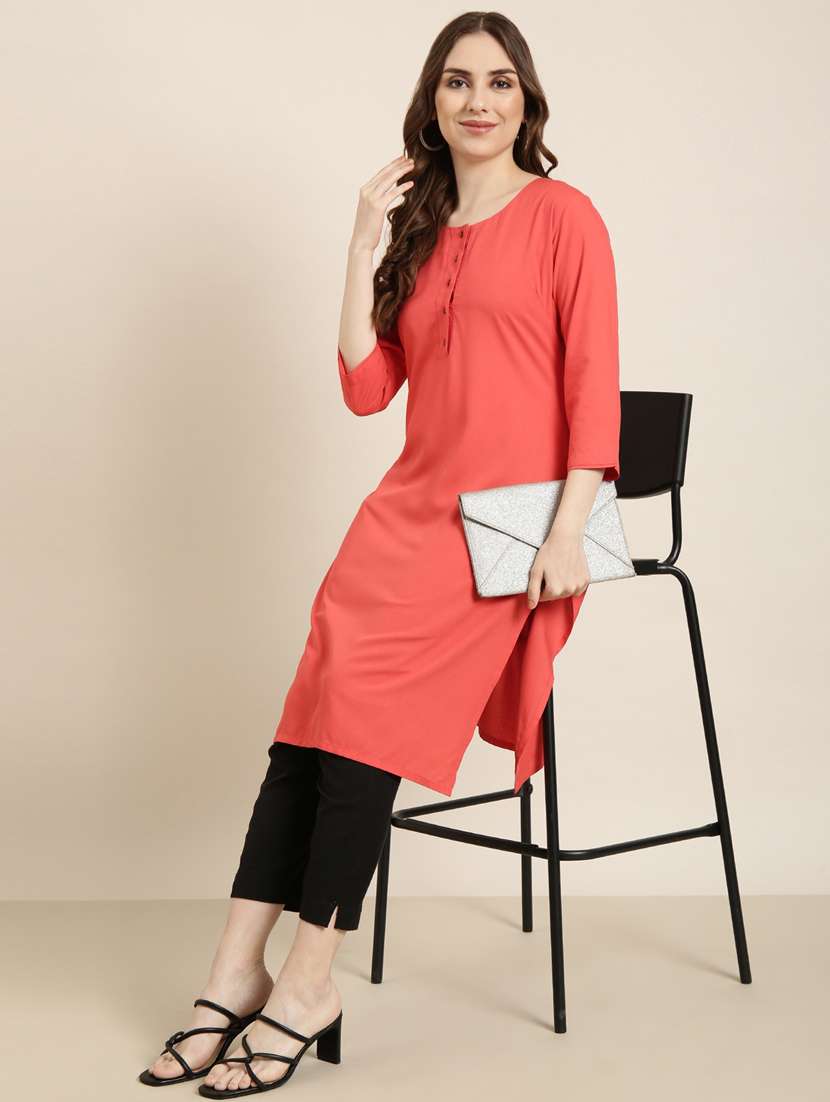 women coral round neck straight kurta - 20960966 -  Standard Image - 4