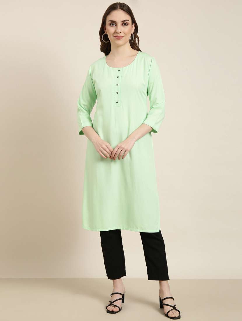 women green round neck straight kurta