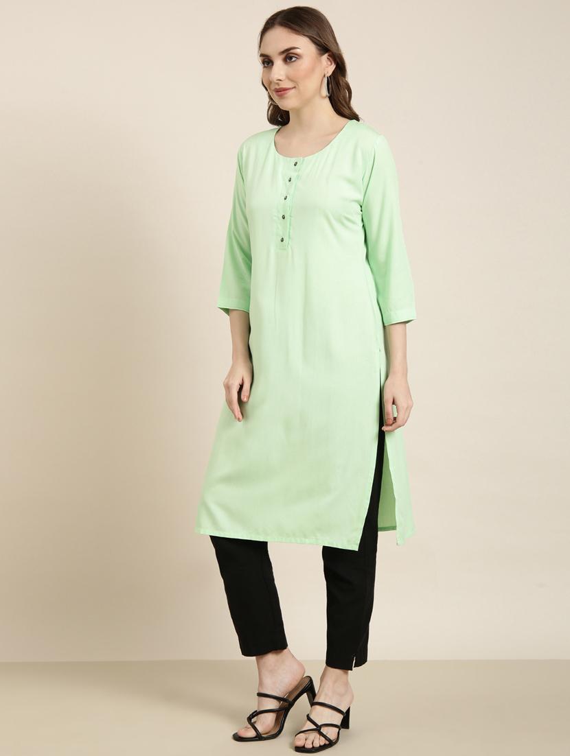 women green round neck straight kurta - 20960967 -  Standard Image - 1