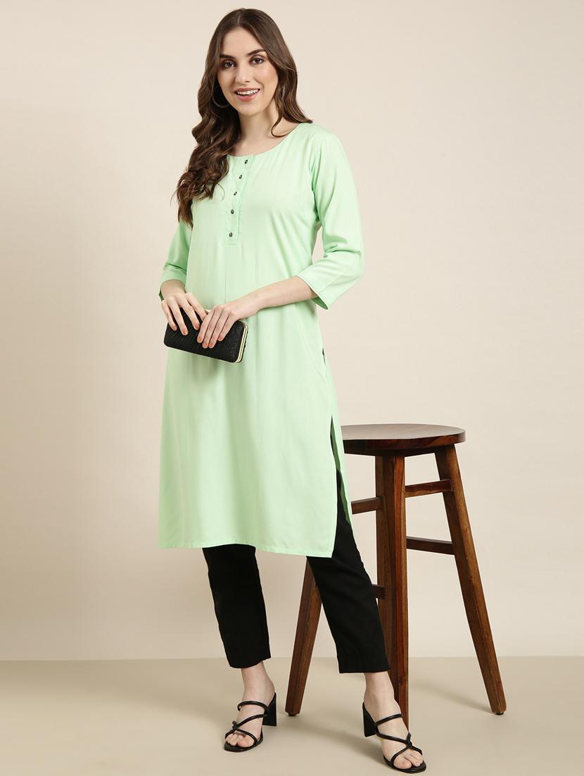 women green round neck straight kurta - 20960967 - Standard Image - 4