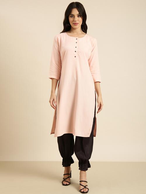 women peach round neck straight kurta - 20960968 -  Standard Image - 0