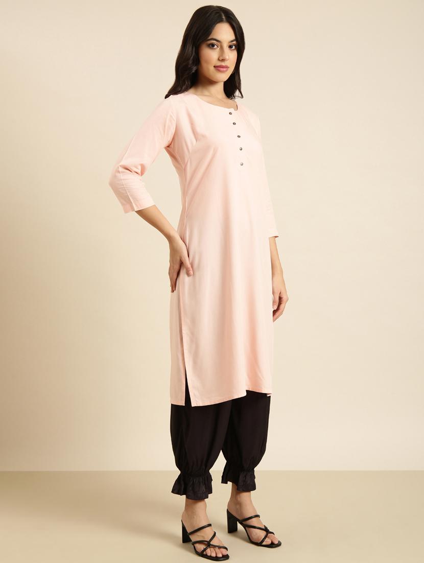 women peach round neck straight kurta - 20960968 -  Standard Image - 1