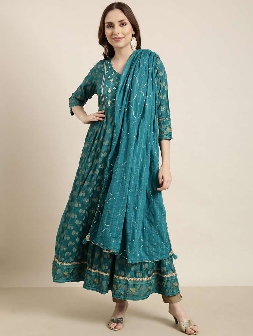 women foil print v neck kurta dupatta set