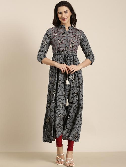 women navy blue mandarin neck flared kurta - 20960989 -  Standard Image - 0