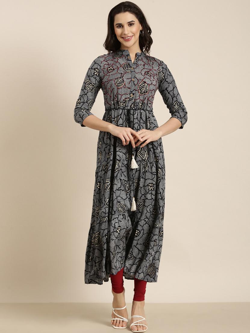 women navy blue mandarin neck flared kurta - 20960989 -  Zoom Image - 0
