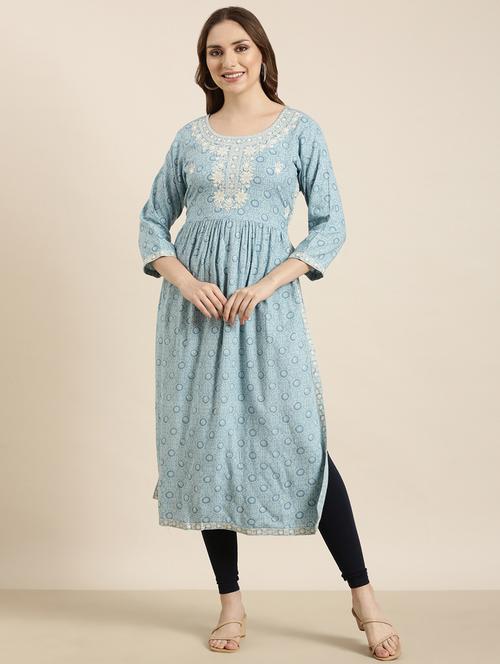 women light blue round neck a-line kurta - 20960991 -  Standard Image - 0