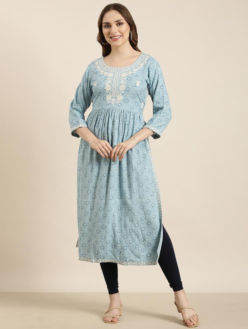 women light blue round neck a-line kurta - 20960991 -  Zoom Image - 0