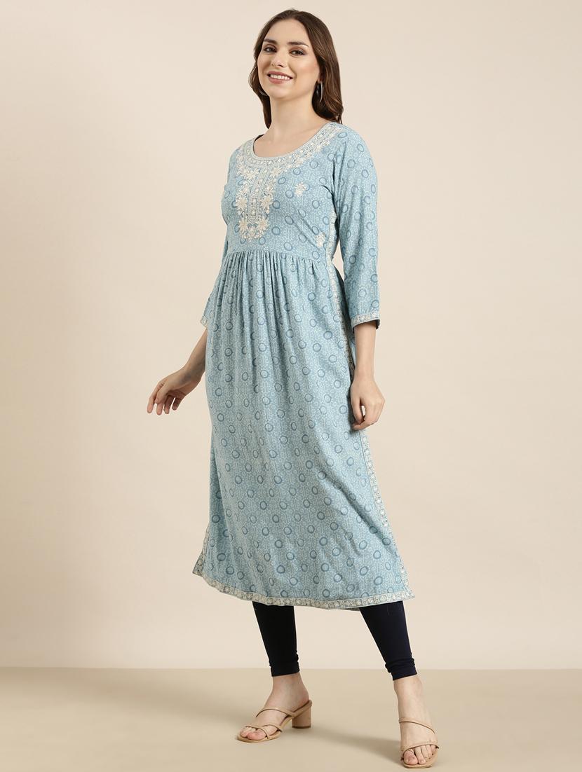 women light blue round neck a-line kurta - 20960991 -  Standard Image - 1