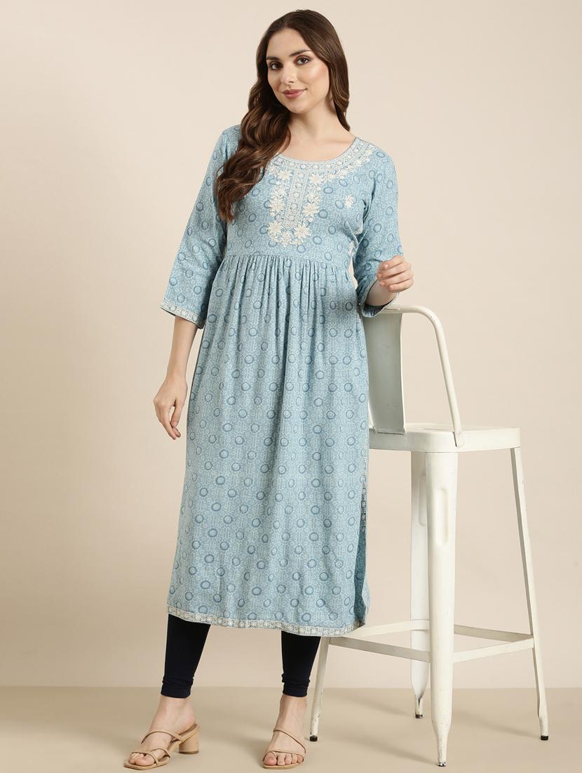 women light blue round neck a-line kurta - 20960991 - Standard Image - 4