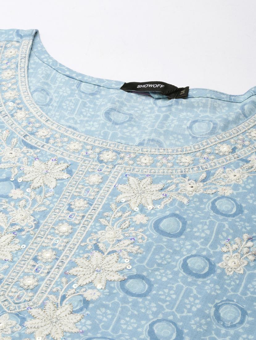 women light blue round neck a-line kurta - 20960991 - Standard Image - 6