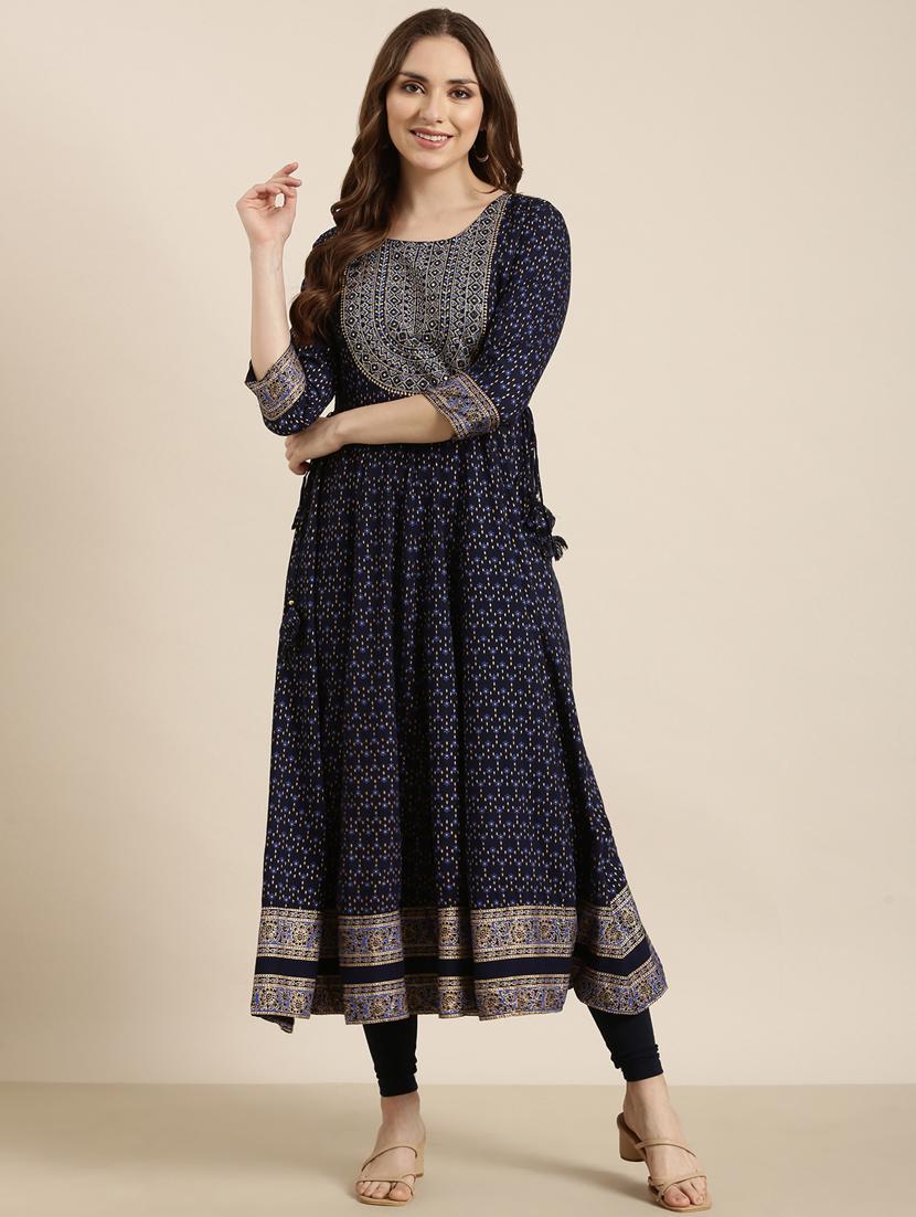 women navy blue round neck flared kurta