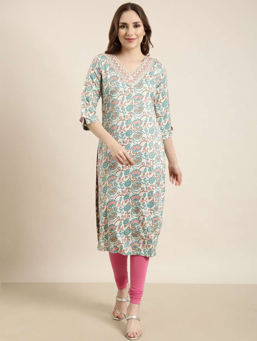 women white v neck straight kurta