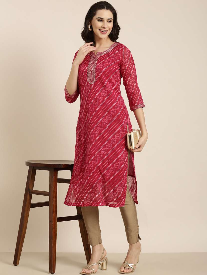 women pink notch neck straight kurta - 20961008 -  Standard Image - 4