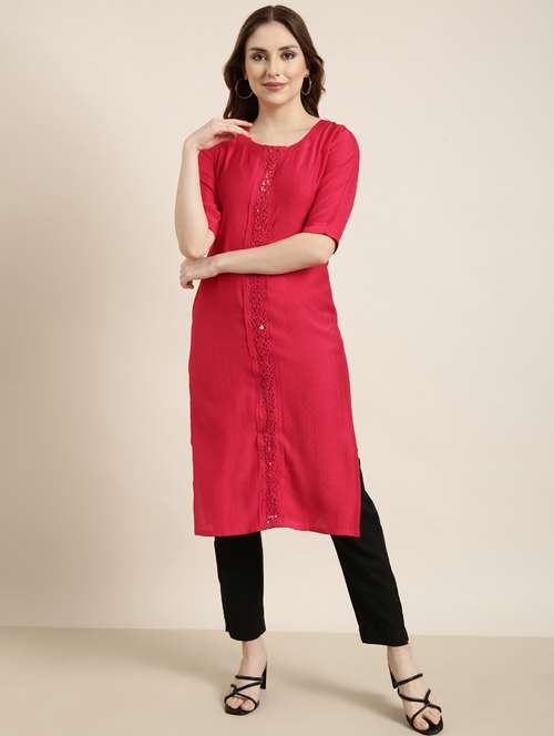 women red round neck straight kurta - 20961013 -  Standard Image - 0