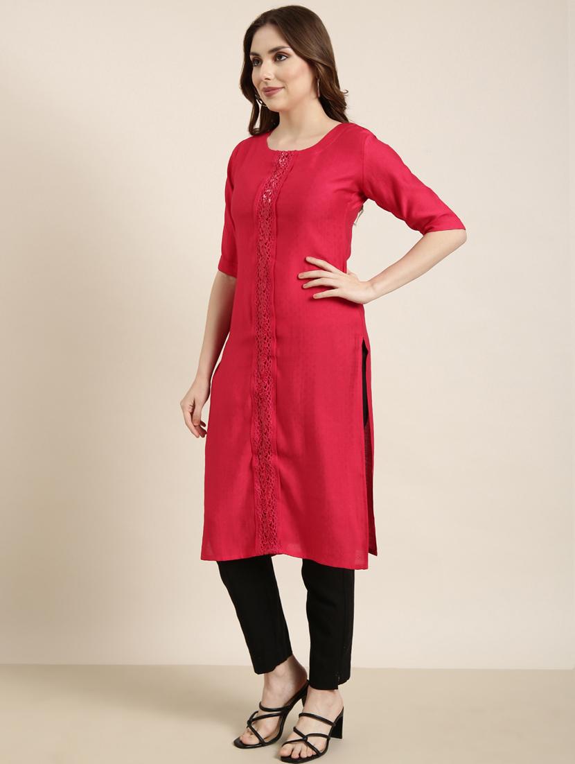 women red round neck straight kurta - 20961013 - Standard Image - 1