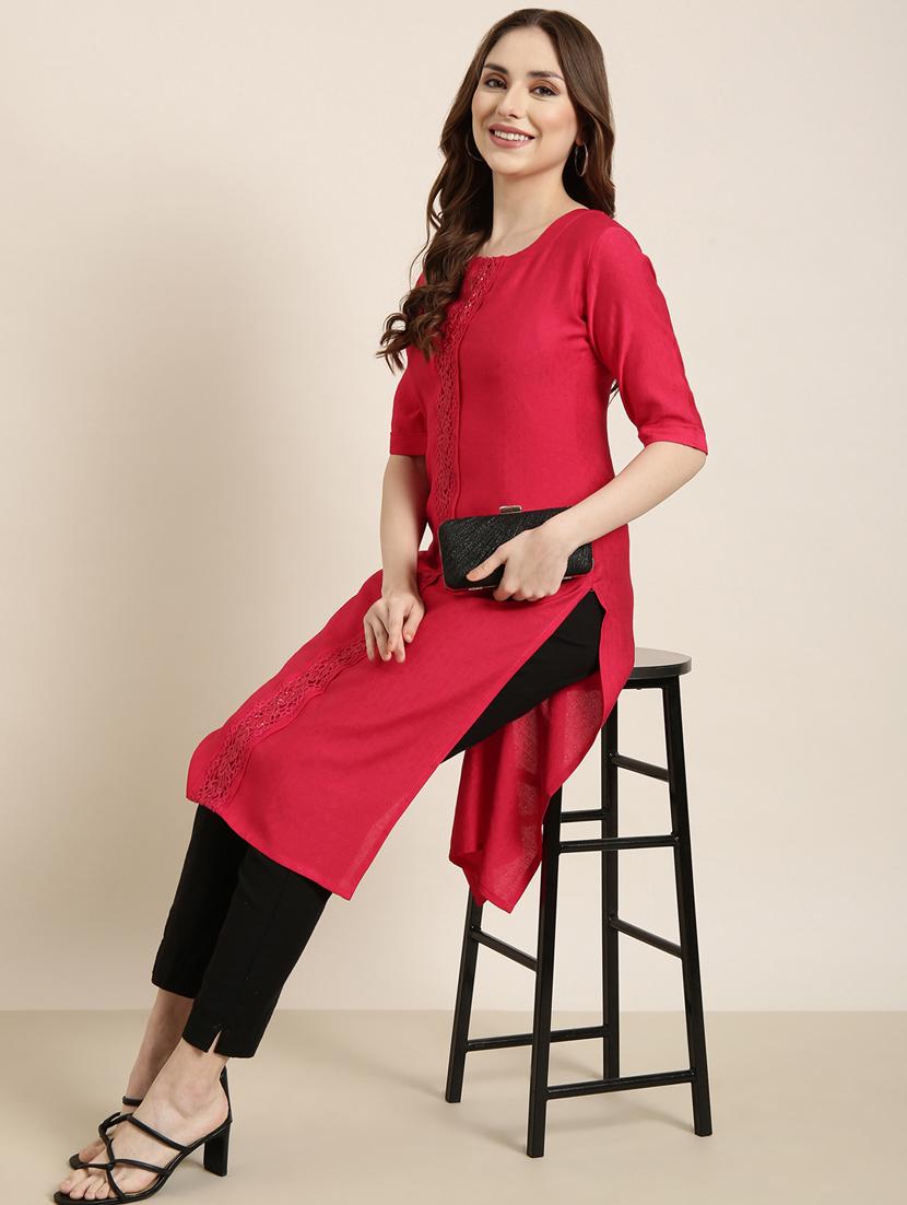 women red round neck straight kurta - 20961013 - Standard Image - 4