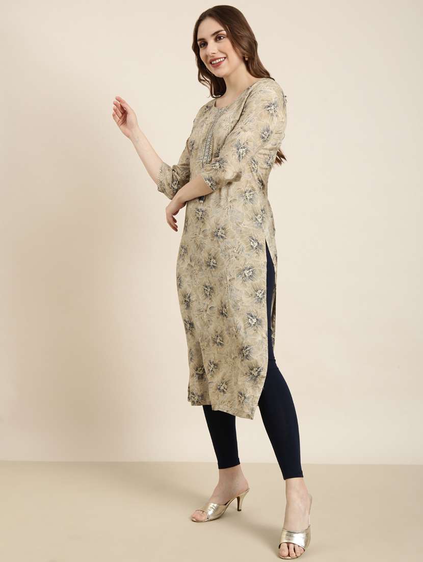 women beige round neck straight kurta - 20961016 -  Standard Image - 1