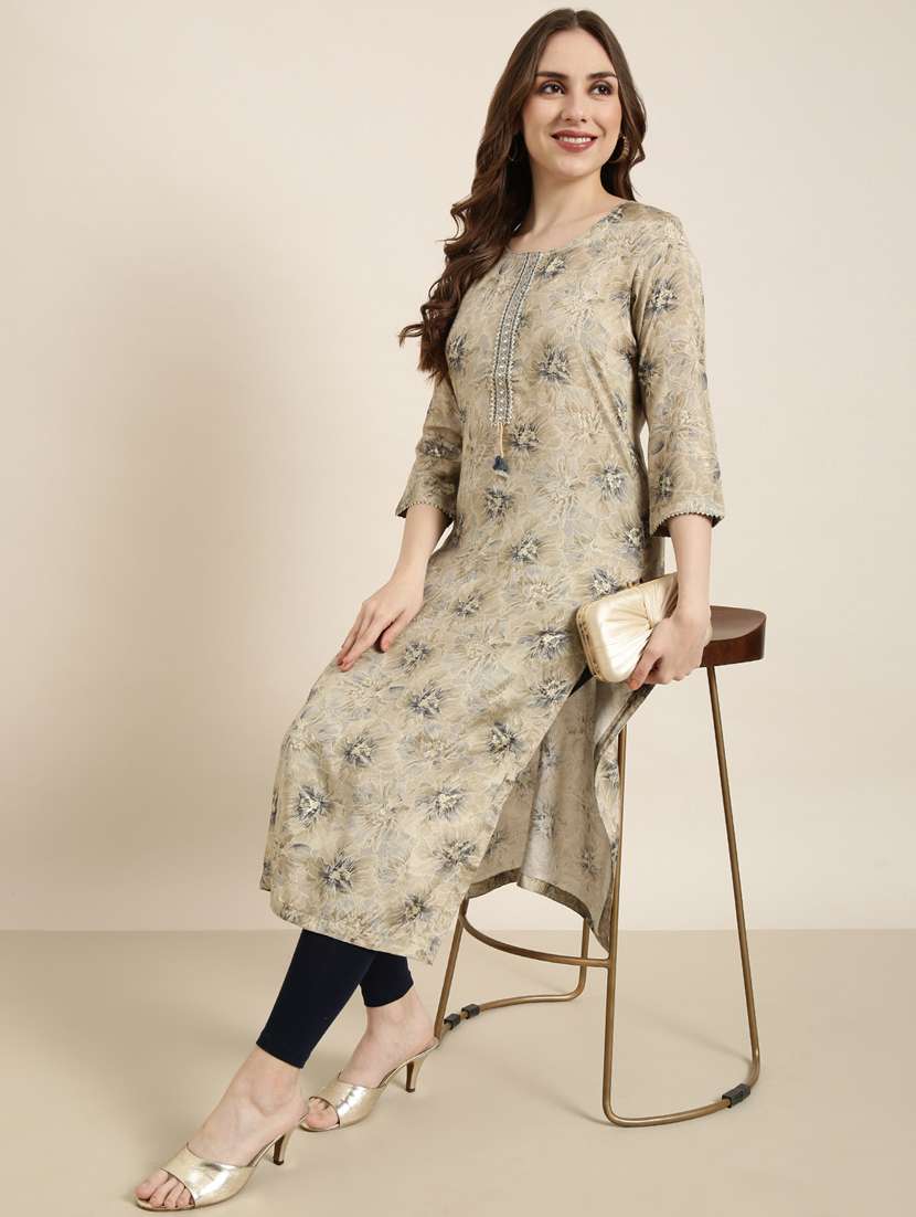 women beige round neck straight kurta - 20961016 -  Standard Image - 4