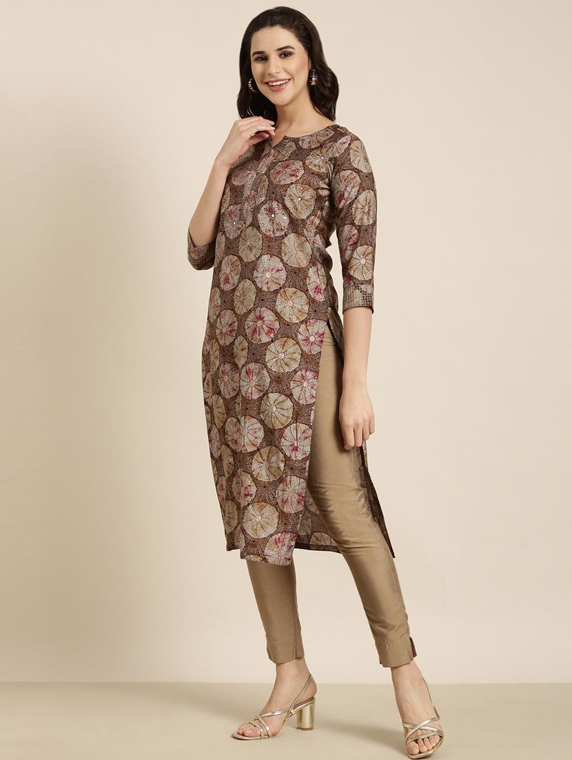 women brown notch neck straight kurta - 20961019 - Standard Image - 1