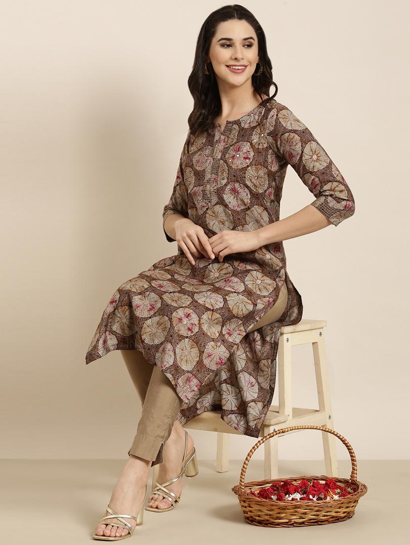 women brown notch neck straight kurta - 20961019 - Standard Image - 4