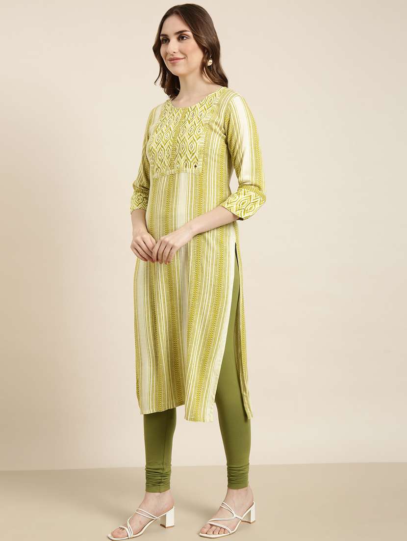 women lime round neck straight kurta - 20961030 -  Standard Image - 1