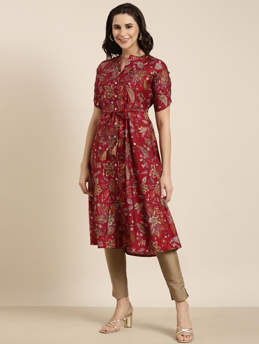 women maroon mandarin neck a-line kurta - 20961039 -  Standard Image - 1
