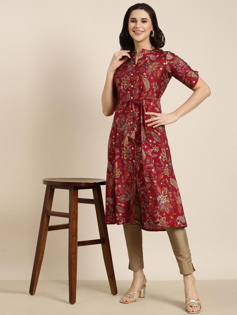 women maroon mandarin neck a-line kurta - 20961039 - Standard Image - 4