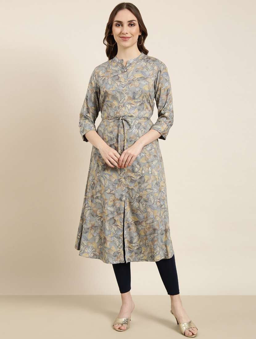 women grey mandarin neck a-line kurta