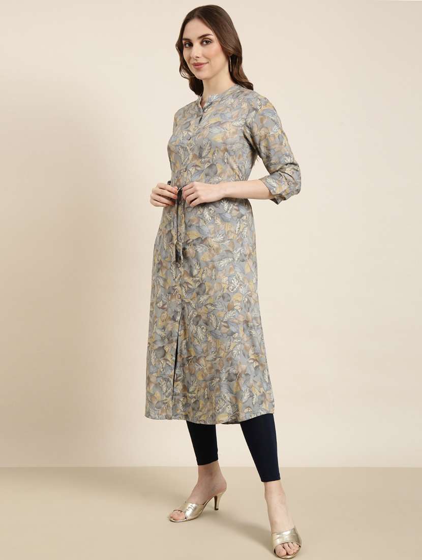 women grey mandarin neck a-line kurta - 20961052 - Standard Image - 1