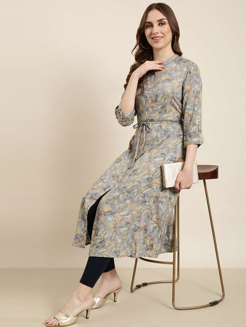 women grey mandarin neck a-line kurta - 20961052 - Standard Image - 4