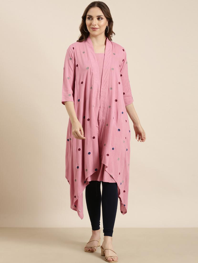 women pink solid a-line kurta with long shrug - 20961058 -  Zoom Image - 0