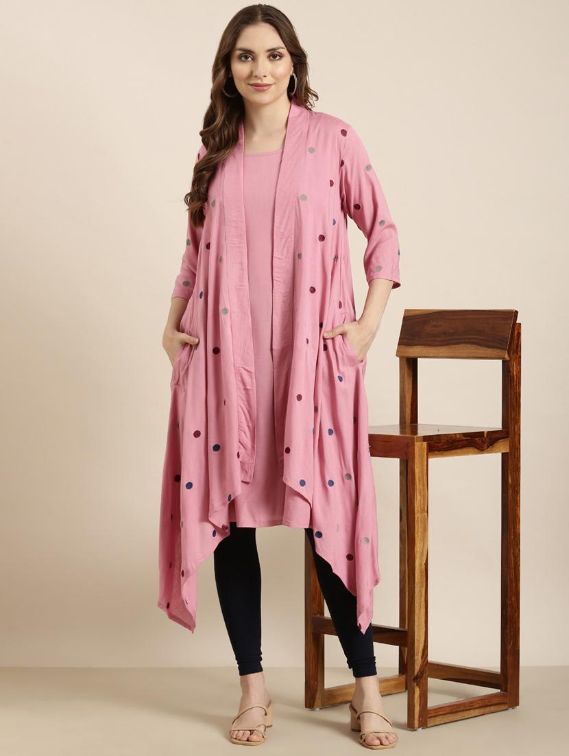 women pink solid a-line kurta with long shrug - 20961058 - Standard Image - 4