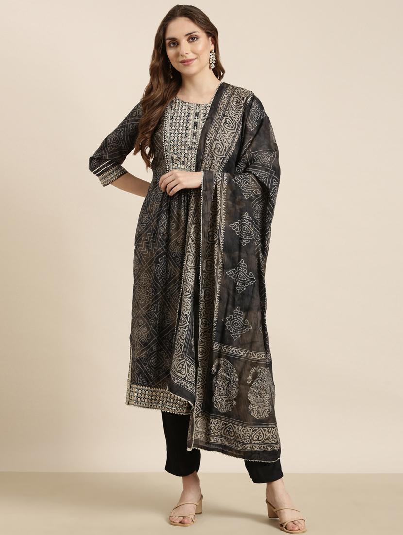 women bandhani round neck kurta pant set with dupatta - 20961088 - Standard Image - 1